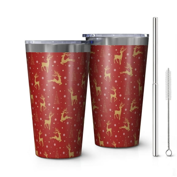 16oz Tumblers Red Christmas Golden Reindeer Pattern Stainless Steel Vacuum Insulated Double Wall Travel Tumbler Cups Mug with Lid and Straw,Cleaning Brush for Coffee,Tea