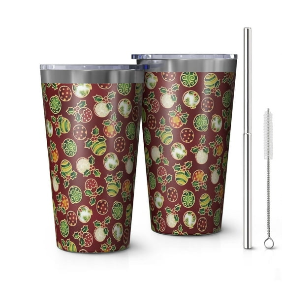16oz Tumblers Red Christmas Ornament Pattern Stainless Steel Vacuum Insulated Double Wall Travel Tumbler Cups Mug with Lid and Straw,Cleaning Brush for Coffee,Tea