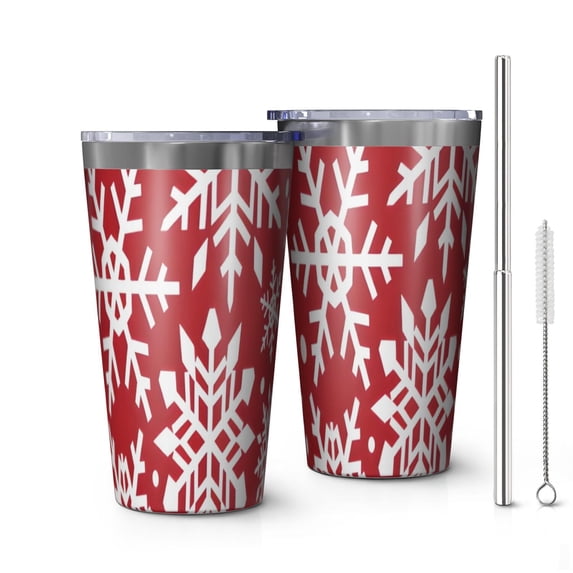 16oz Tumblers Red Christmas Snowflake Pattern Stainless Steel Vacuum Insulated Double Wall Travel Tumbler Cups Mug with Lid and Straw,Cleaning Brush for Coffee,Tea