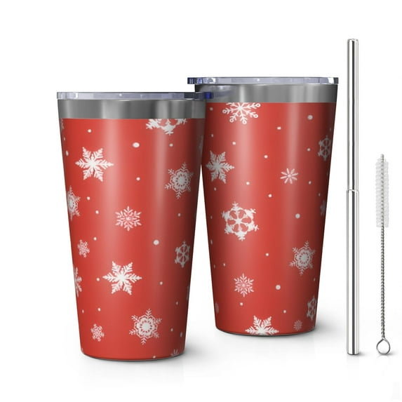 16oz Tumblers Red Christmas Snowflake Pattern Stainless Steel Vacuum Insulated Double Wall Travel Tumbler Cups Mug with Lid and Straw,Cleaning Brush for Coffee,Tea