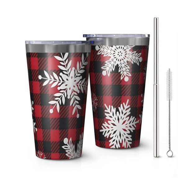 16oz Tumblers Red Christmas Snowflake and Plaid Pattern Stainless Steel Vacuum Insulated Double Wall Travel Tumbler Cups Mug with Lid and Straw,Cleaning Brush for Coffee,Tea