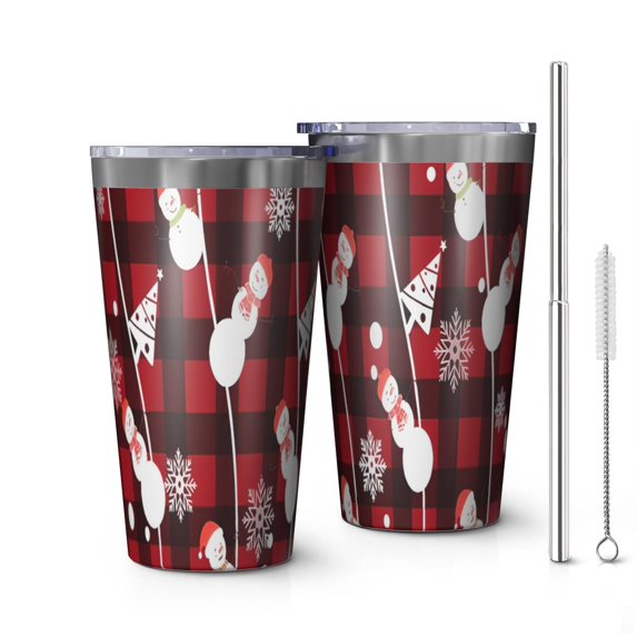 16oz Tumblers Red Christmas Snowman Pattern Stainless Steel Vacuum Insulated Double Wall Travel Tumbler Cups Mug with Lid and Straw,Cleaning Brush for Coffee,Tea