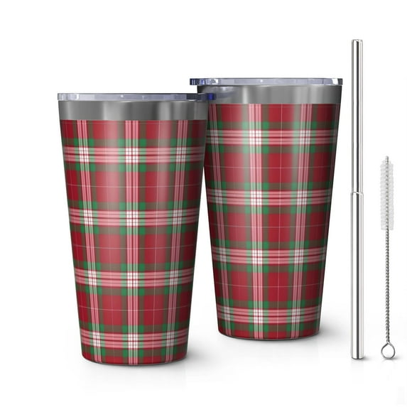 16oz Tumblers Red and Green Christmas Plaid Pattern Stainless Steel Vacuum Insulated Double Wall Travel Tumbler Cups Mug with Lid and Straw,Cleaning Brush for Coffee,Tea