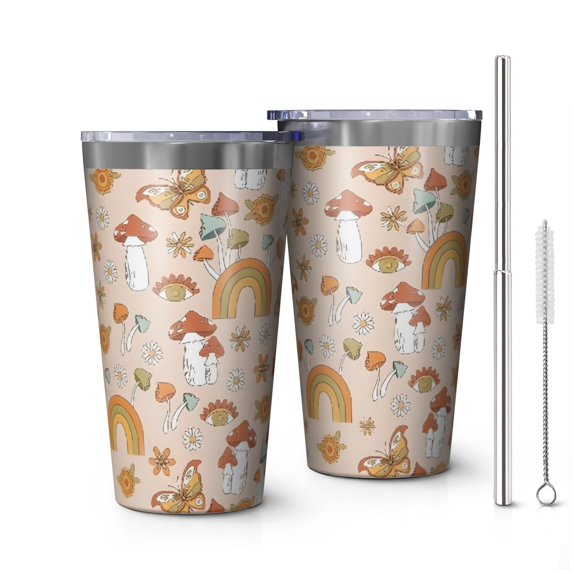 16oz Tumblers Red Mushroom Rainbow Light Pattern Stainless Steel Vacuum Insulated Double Wall Travel Tumbler Cups Mug with Lid and Straw,Cleaning Brush for Coffee,Tea