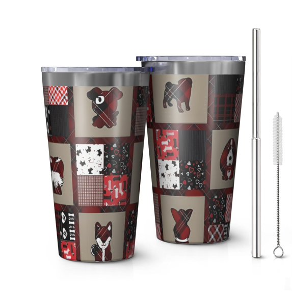 16oz Tumblers Red Plaid Dog Jigsaw Puzzle Stainless Steel Vacuum Insulated Double Wall Travel Tumbler Cups Mug with Lid and Straw,Cleaning Brush for Coffee,Tea