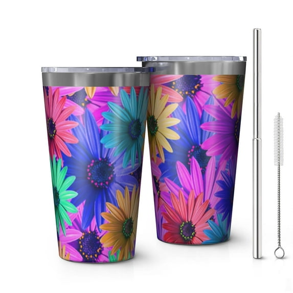 16oz Tumblers Sunflower Stainless Steel Vacuum Insulated Double Wall Travel Tumbler Cups Mug with Lid and Straw,Cleaning Brush for Coffee,Tea
