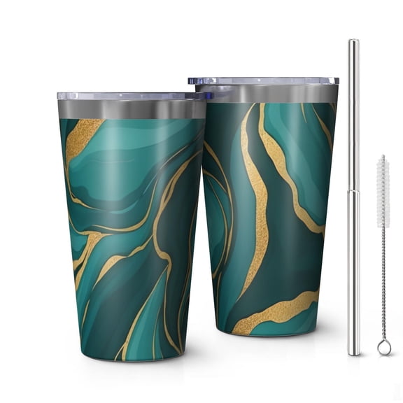 16oz Tumblers Teal Gold Marble Pattern Stainless Steel Vacuum Insulated Double Wall Travel Tumbler Cups Mug with Lid and Straw,Cleaning Brush for Coffee,Tea