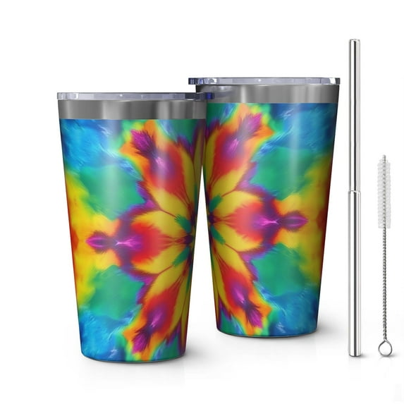 16oz Tumblers Tie Dye Colorful Flower Pattern Stainless Steel Vacuum Insulated Double Wall Travel Tumbler Cups Mug with Lid and Straw,Cleaning Brush for Coffee,Tea