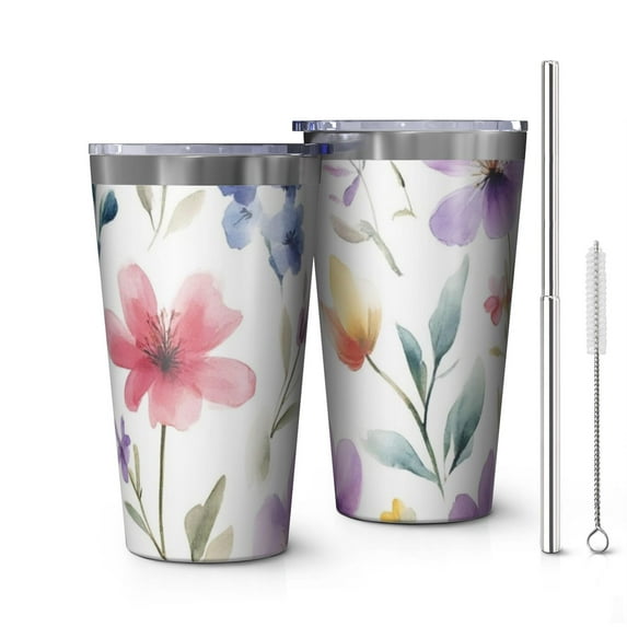 16oz Tumblers Watercolor Floral Pattern Stainless Steel Vacuum Insulated Double Wall Travel Tumbler Cups Mug with Lid and Straw,Cleaning Brush for Coffee,Tea