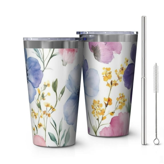 16oz Tumblers Watercolor Floral Pattern Stainless Steel Vacuum Insulated Double Wall Travel Tumbler Cups Mug with Lid and Straw,Cleaning Brush for Coffee,Tea