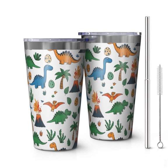 16oz Tumblers White Cartoon Dinosaurs Volcanoes Pattern Stainless Steel Vacuum Insulated Double Wall Travel Tumbler Cups Mug with Lid and Straw,Cleaning Brush for Coffee,Tea