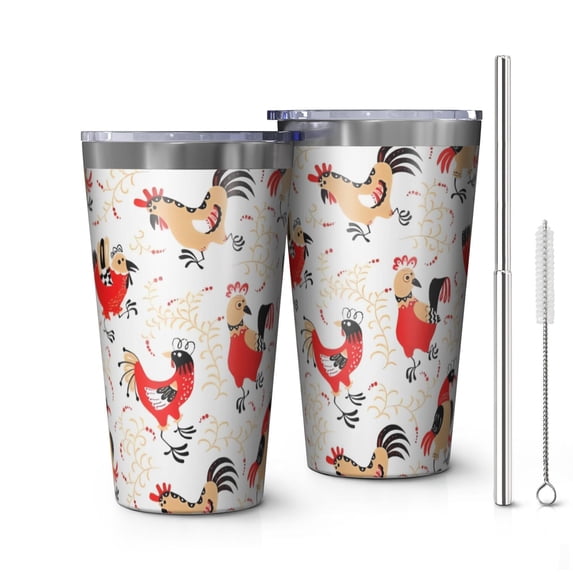 16oz Tumblers White Chicken Folk Pattern Stainless Steel Vacuum Insulated Double Wall Travel Tumbler Cups Mug with Lid and Straw,Cleaning Brush for Coffee,Tea