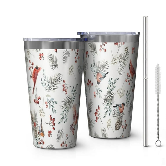 16oz Tumblers White Christmas Bird and Pine Pattern Stainless Steel Vacuum Insulated Double Wall Travel Tumbler Cups Mug with Lid and Straw,Cleaning Brush for Coffee,Tea