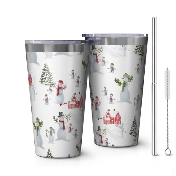16oz Tumblers White Christmas Snowman Pattern Stainless Steel Vacuum Insulated Double Wall Travel Tumbler Cups Mug with Lid and Straw,Cleaning Brush for Coffee,Tea