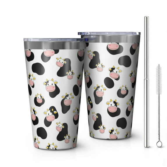 16oz Tumblers White Cow Black Spot Pattern Stainless Steel Vacuum Insulated Double Wall Travel Tumbler Cups Mug with Lid and Straw,Cleaning Brush for Coffee,Tea