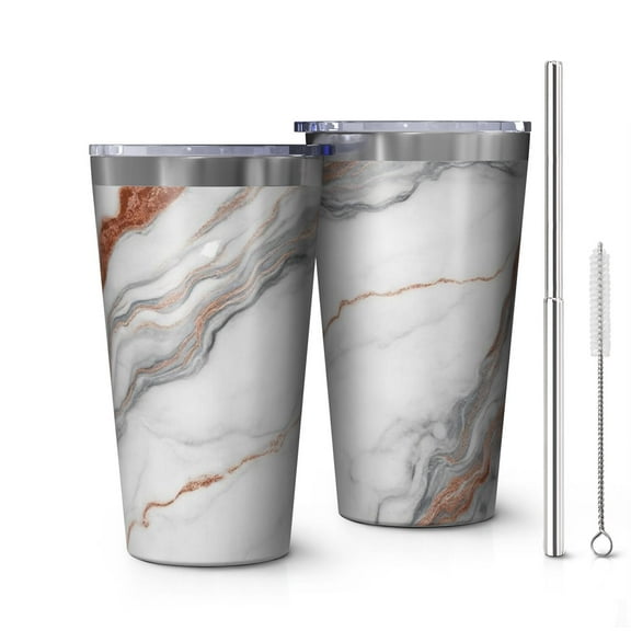 16oz Tumblers White Marble Copper Line Pattern Stainless Steel Vacuum Insulated Double Wall Travel Tumbler Cups Mug with Lid and Straw,Cleaning Brush for Coffee,Tea
