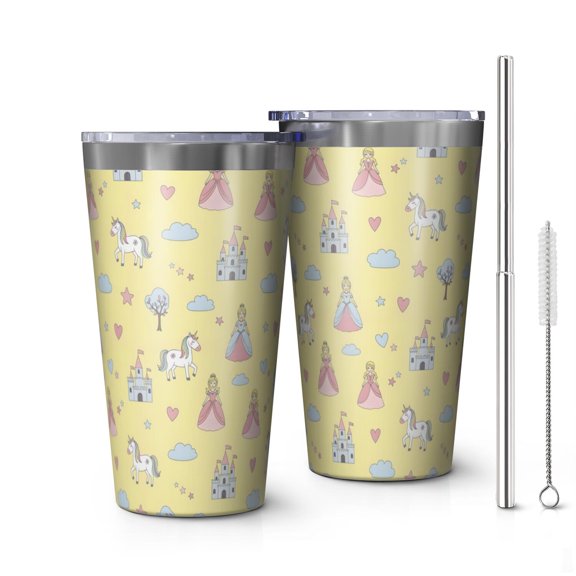 16oz Tumblers Yellow Princess Unicorn Pattern Stainless Steel Vacuum Insulated Double Wall Travel Tumbler Cups Mug with Lid and Straw,Cleaning Brush for Coffee,Tea