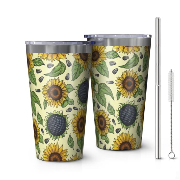 16oz Tumblers Yellow Sunflower Seed Leaf Pattern Stainless Steel Vacuum Insulated Double Wall Travel Tumbler Cups Mug with Lid and Straw,Cleaning Brush for Coffee,Tea