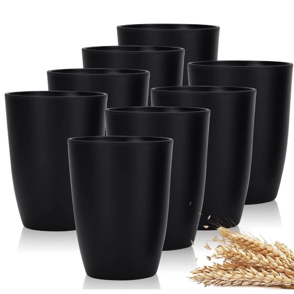 16oz Unbreakable Wheat Straw Cups, Plastic Drinking Glasses,Plastic Drinking Cups Set of 8, Reusable Stackable Tumbler Cups Set, Dishwasher & Microwave Safe Water Cups for Indoor Outdoor ,Black