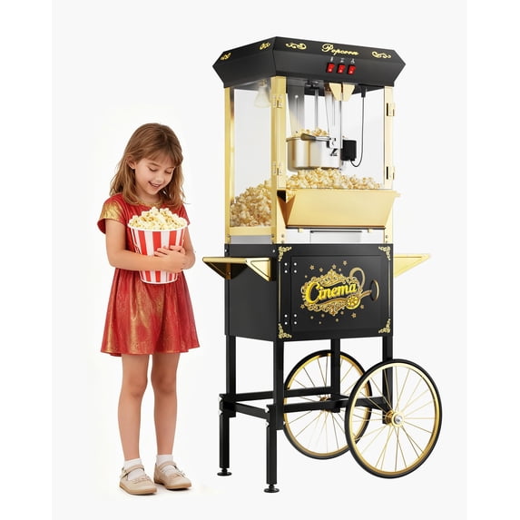 16oz Upgraded Commercial Popcorn Machine with Cart, Large Popcorn Machine Makes Up to 80 Cups, Movie Theater Pop Corn Machine with Easy-Rolling wheels & Stainless-Steel Kettle, Black&Gold