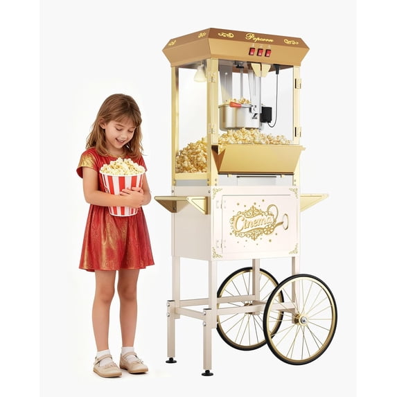 16oz Upgraded Commercial Popcorn Machine with Cart, Large Popcorn Machine Makes Up to 80 Cups, Movie Theater Pop Corn Machine with Easy-Rolling wheels & Stainless-Steel Kettle, Beige&Gold