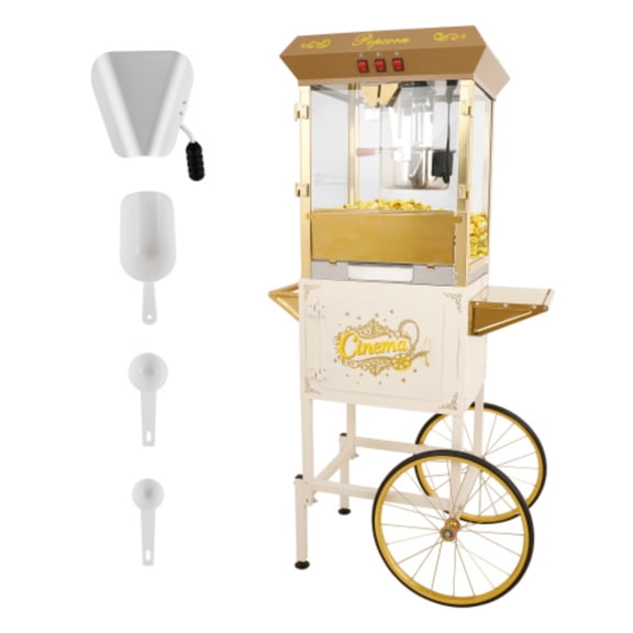 16oz Vintage Popcorn Machine with Cart, 850W Commercial Popcorn Maker with Warming Deck, Storage Cabinet and Wheels for Home, Parties and Concessions, White Gold