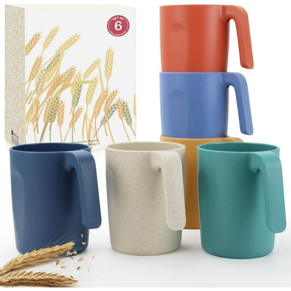 16oz Wheat Straw Cups with handles set of 6-Plastic Cups Reusable-Unbreakable Kids Mugs-Dishwasher Safe & Microwave Safe-Ideal Plastic Mugs for Tea,Coffee,Camping,RV-Vibrant Color