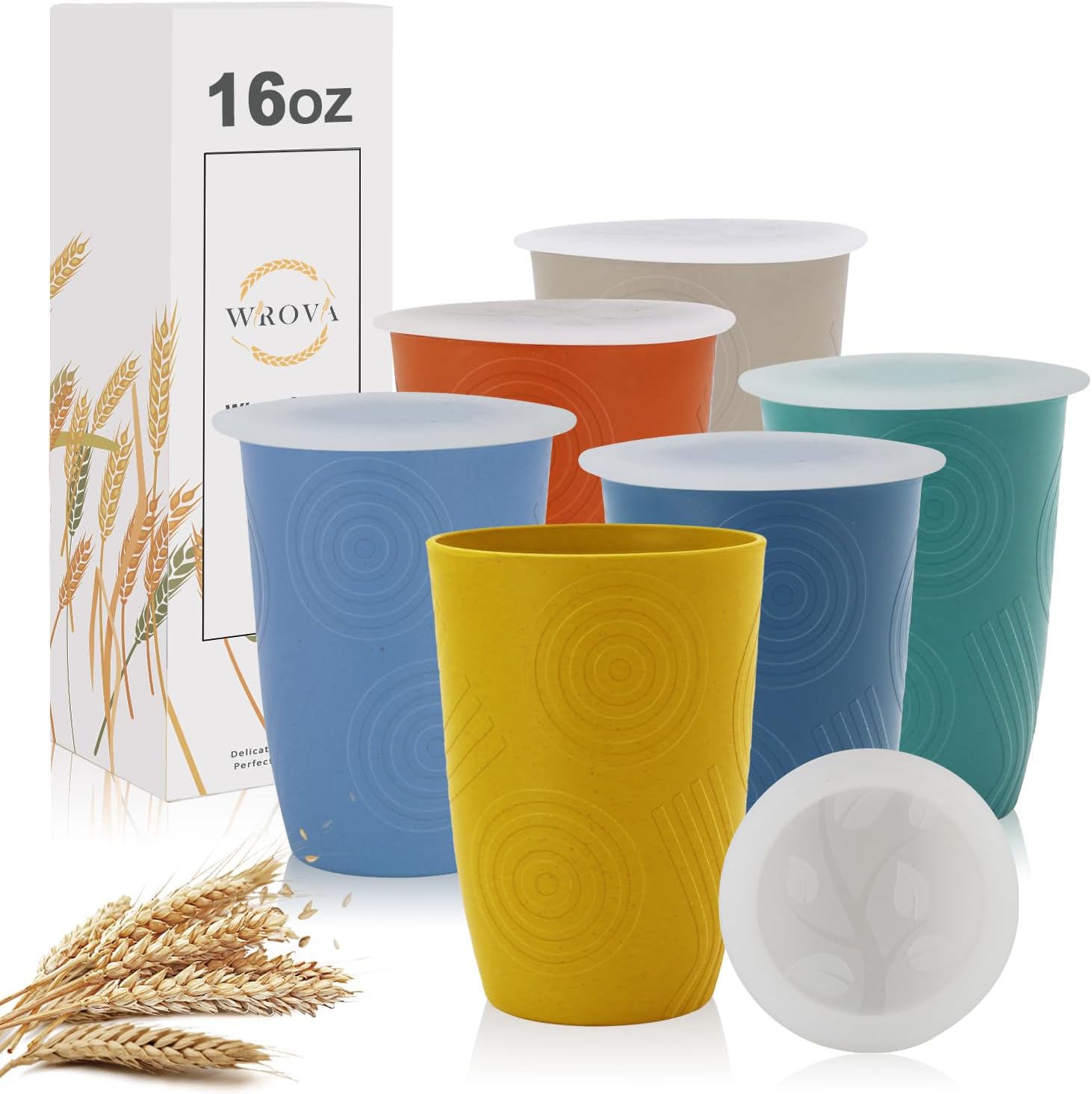 16oz Wheat Straw Cups with Silicone Lids Set of 6 BPAFree Alternative Plastic Cups