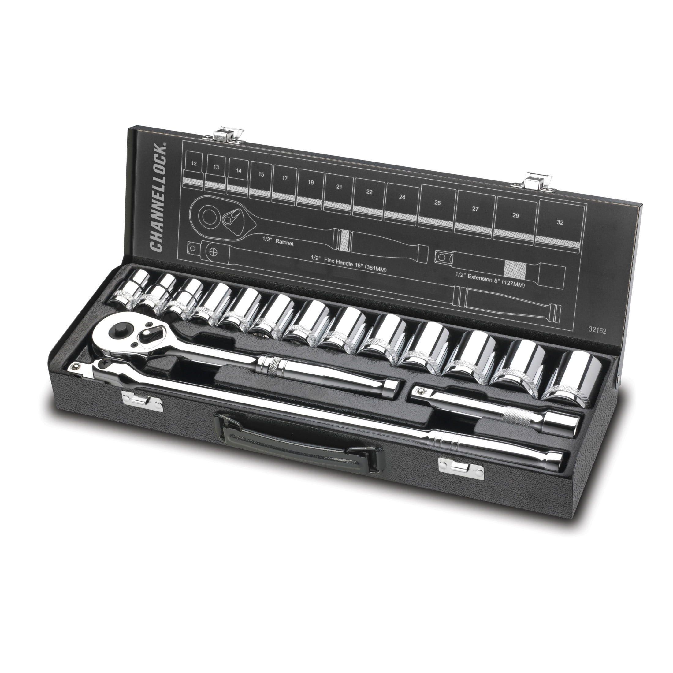 CHANNELLOCK 1/2-inch Metric Drive Socket Set, Includes Standard and Deep-Well Sizes, 6-point Sockets, Durable Steel Case, 16 pieces (38182)
