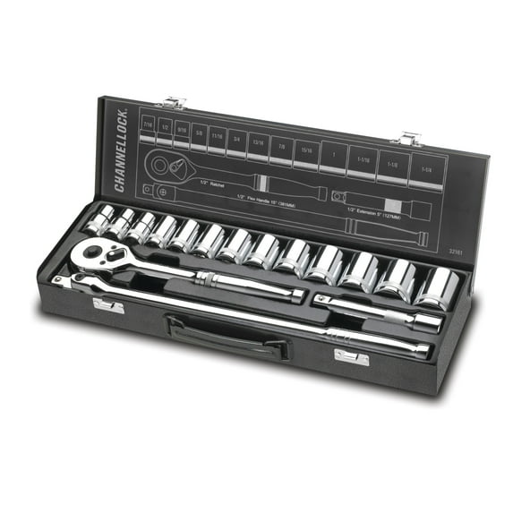 CHANNELLOCK 32161 16pc 1/2-inch SAE Drive Socket Set, Includes Standard SAE Sizes, Full-Polish Chrome Finish, 6-point Sockets, Durable Steel Case
