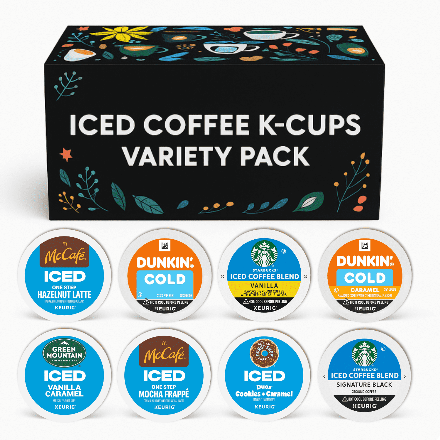 16pc-8 Flavor Cold Iced Coffee K Pods Variety Pack –Dunkin, Starbucks, Green Mountain, Mccafe, Donut Shop Ice Pods in Gift Box - Vanilla, Mocha, Hazelnut, Caramel- Keurig Compatible Coffee Pods