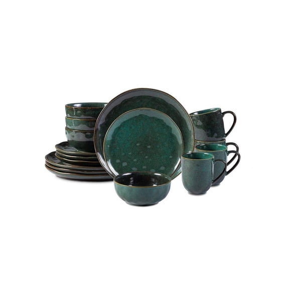 16pc Dinner Set Organic Stoneware Sky Star Reactive Glaze, Green Color