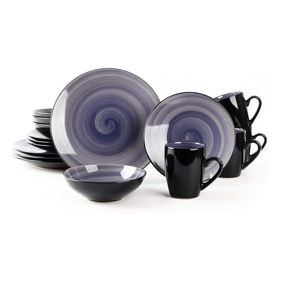 16pc Dinnerware Set, Outside Black + Inside Hand Painting Color Cobalt