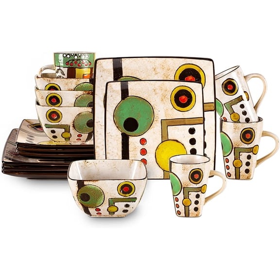 16pc Dinnerware Set, Stoneware Artisan Hand Painted Impressionism Pond, Reactive Glaze