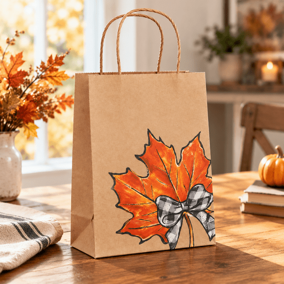 16pc Fall Paper Party Bags with Handles, Maple Leaf Gingham Bow Design for Thanksgiving Candy Favors