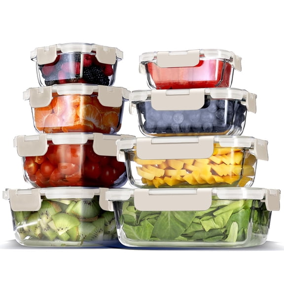 16pc Glass Food Storage Containers with Lids, Airtight Glass Meal Prep Containers, 8 Reusable Food Containers with 8 Leakproof Snap Lock Lids, Oven Microwave Freezer Safe Lunch