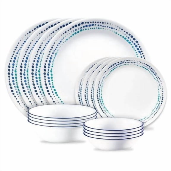 16pc Ocean Blues Dinnerware Set: Polka Dot Plates & Bowls, Service for 4, Dishwasher-Safe