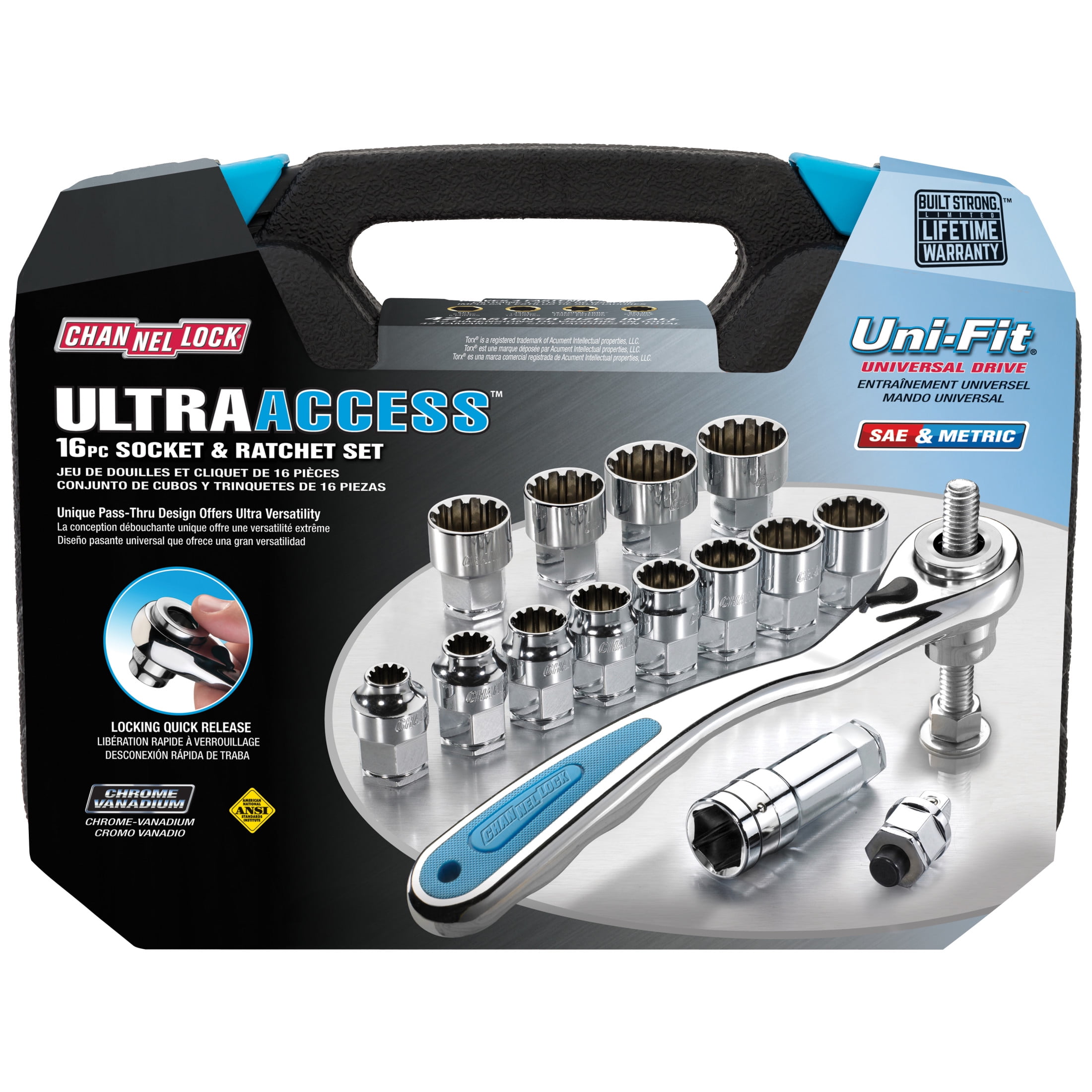 CHANNELLOCK Pass-Thru UNI-FIT Universal Socket Set, Ultra Access Fits 42 Drive Sizes, Full-Polish Chrome, 16 pieces (39100)