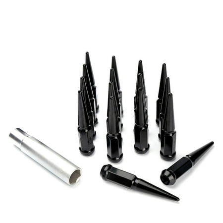 16pc Premium Black SPIKED 1/2-20 Extended Lug Nuts 4.4" OFF-ROAD SPIKE Metal Lugz Nut w/Key