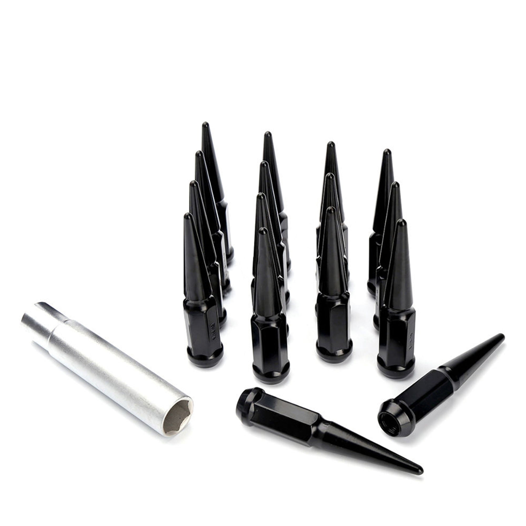 16pc Premium Black SPIKED 14x1.5 Extended Lug Nuts 4.4" OFF-ROAD SPIKE Metal Lugz Nut w/Key