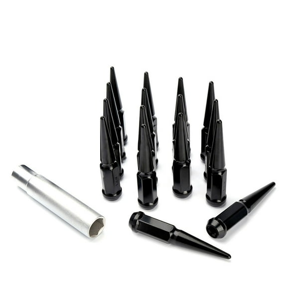 16pc Premium Black SPIKED 14x2 Extended Lug Nuts 4.4" OFF-ROAD SPIKE Metal Lugz Nut w/Key