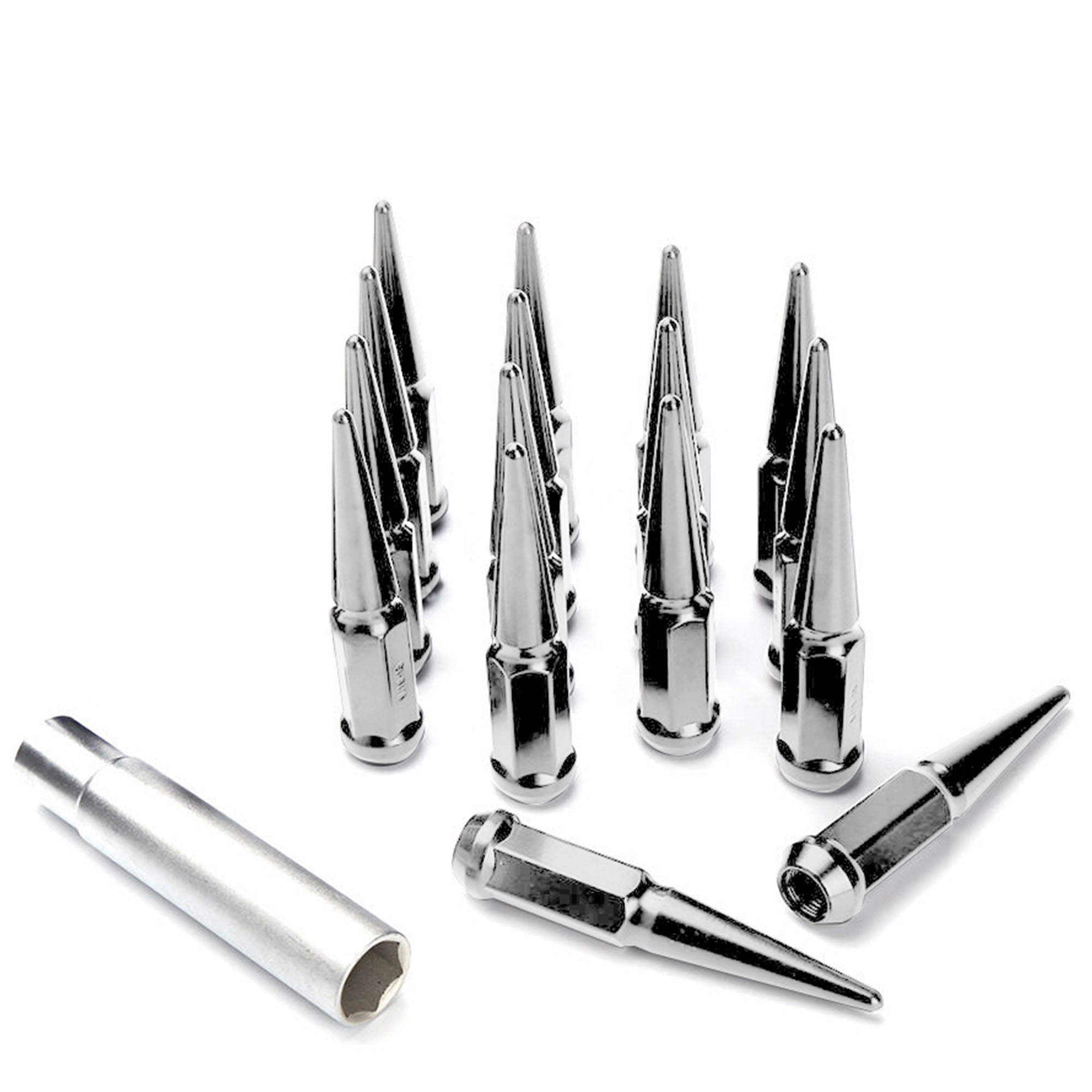 16pc Premium Chrome SPIKED 12x1.5 Extended Lug Nuts 4.4" OFF-ROAD SPIKE Metal Lugz Nut w/Key