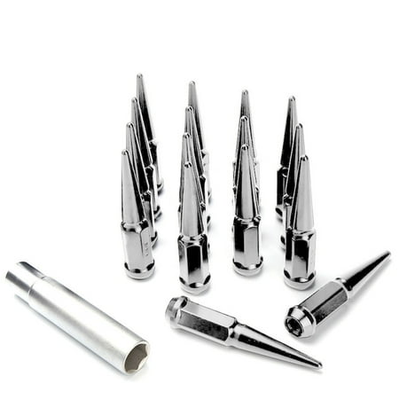 16pc Premium Chrome SPIKED 14x1.5 Extended Lug Nuts 4.4" OFF-ROAD SPIKE Metal Lugz Nut w/Key