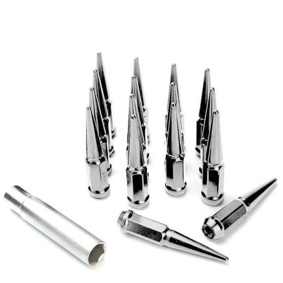 16pc Premium Chrome SPIKED 14x1.5 Extended Lug Nuts 4.4" OFF-ROAD SPIKE Metal Lugz Nut w/Key