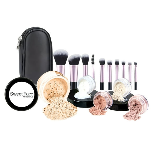 Starter Kit with 10-Piece Brush Set (FAIR 1) Mineral Makeup – 16-Piece Loose Powder Foundation, Blush, Bronzer, Translucent Setting Powder SPF 30 – Vegan Cruelty Free by Sweet Face Minerals