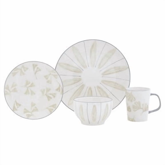 16pc Stoneware Canopy Dinnerware Set Cream: Floral Botanical Dish Set, Service for 4, Dishwasher-Safe