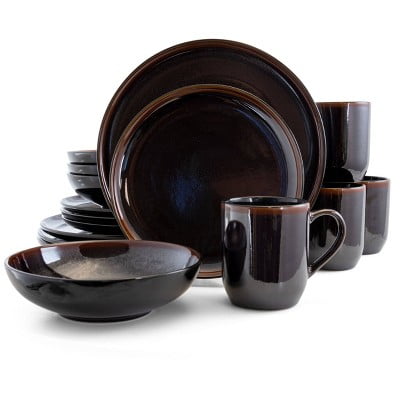 16pc Stoneware Chocolate Mousse Dinnerware Set Brown - Microwave & Dishwasher-Safe Dishware for 4