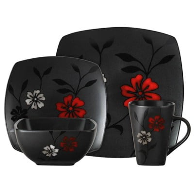 16pc Stoneware Evening Blossom Dinnerware Set: Floral Dishware, Microwave & Dishwasher Safe, Service for 4