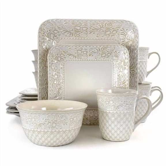 16pc Stoneware Floral Dove Dinnerware Set White - Rounded Square Dishware, Microwave & Dishwasher Safe