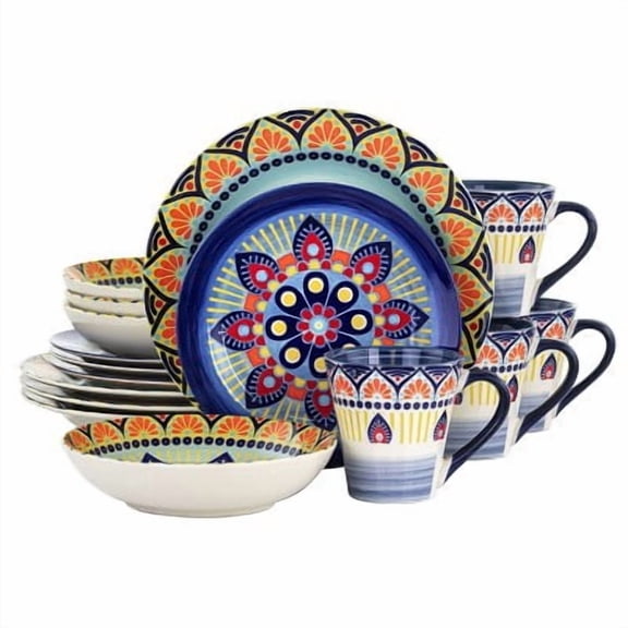 16pc Stoneware Kaleidoscope Dinnerware Set - Off-White Dishware Set, Service for 4, Medallion Pattern